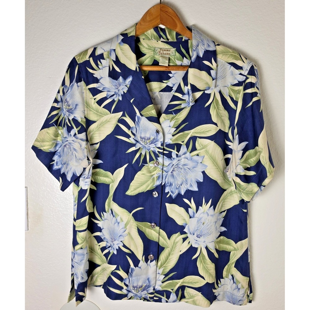 Tommy Bahama Vintage 90s 100% Silk Aloha Shirt Womens L Blue Floral Camp Blouse
